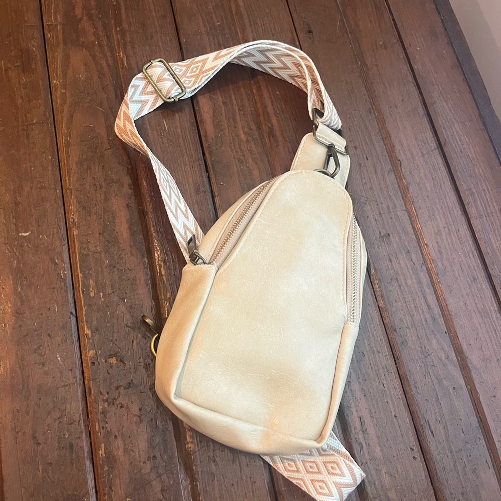 Cream Crossbody Bag with Patterned Strap